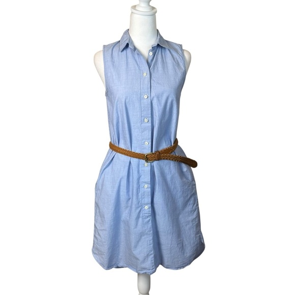 J Crew Sleeveless Oxford Blue Button Down Sleeveless Dress XS No Belt Preppy - Picture 6 of 12